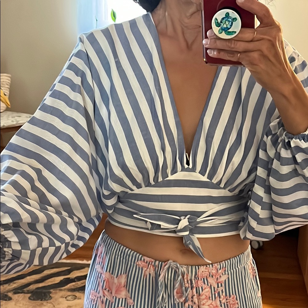 Anthropologie Blue and White Tie Front Blouse